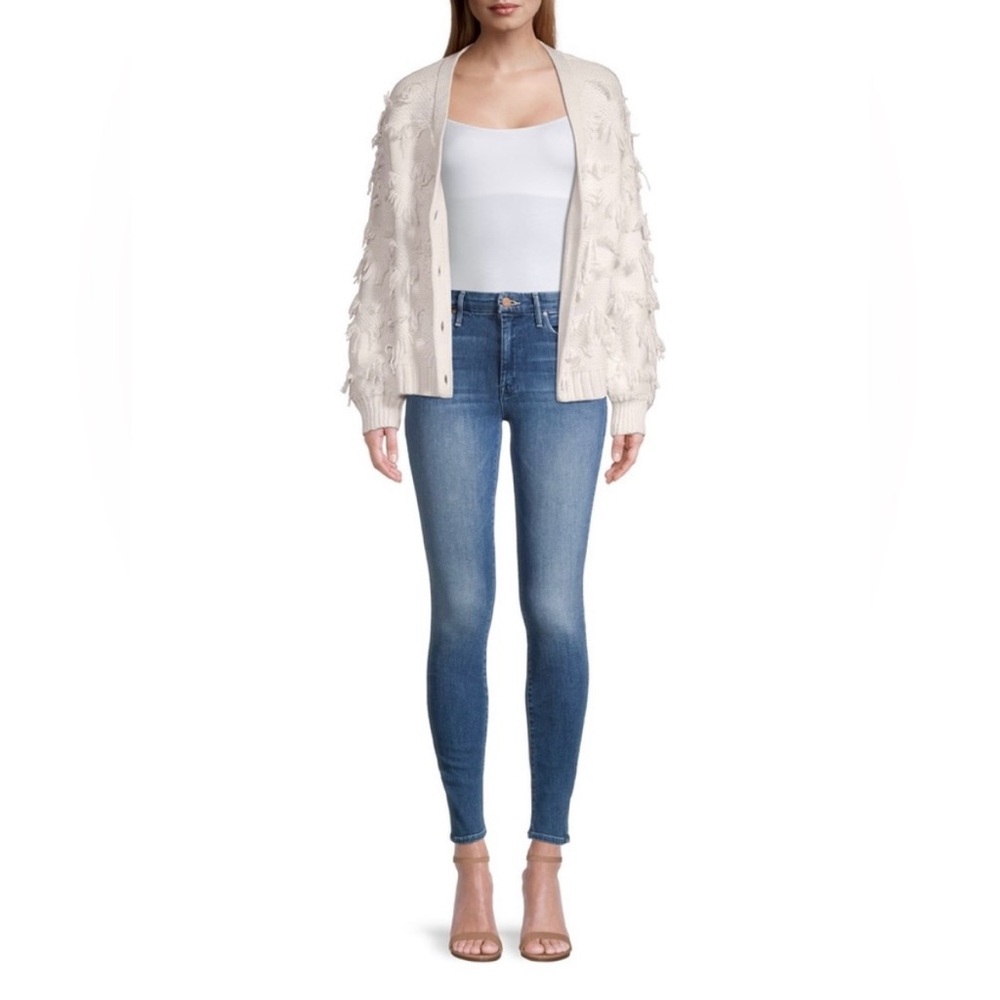NWT 525 America Sweaters Fringe V Neck button front cream Cardigan Medium - Picture 5 of 12